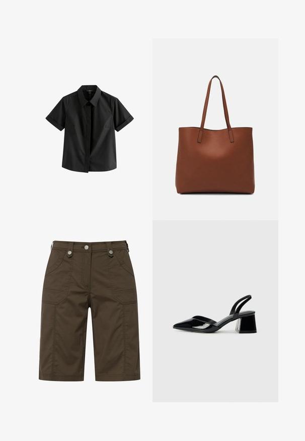 Zwart shirt met korte mouwen, gemaakt van gladde stof, met een puntige kraag, een sluiting met knopen aan de voorkant en subtiele zijnaadjes.; Bruine stoffen shorts met twee voorzakken en twee achterzakken, versierd met zilverkleurige hardware op de tailleband. Recht gemodelleerd ontwerp.; Zwarte gepatineerde leren slingback hakken met een spitse neus en een geometrische blokhak. Kenmerkt zich door een slank, minimalistisch ontwerp en een gladde textuur.; Bruine leren tote bag met een gladde textuur, een ontwerp met een open bovenkant en twee schouderbanden. Kenmerkt zich door minimale stiksels en geen zichtbare hardware.