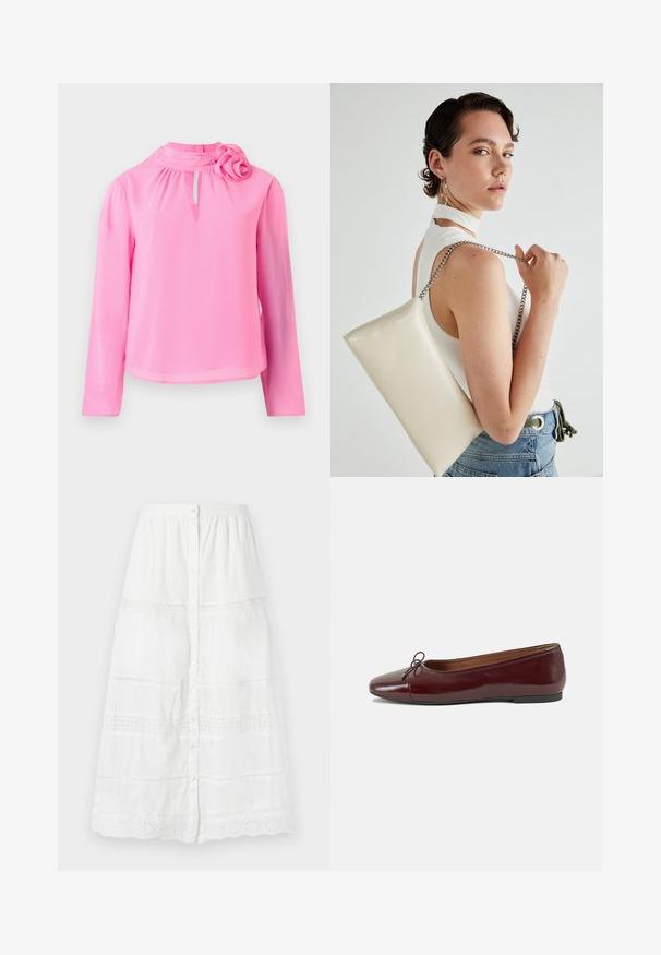 Top rose à manches longues en tissu léger, avec col montant, détail en trou de serrure et accent décoratif en forme de rose sur l'épaule.; Jupe blanche à boutons, fabriquée en tissu léger, dotée d'une bordure en dentelle et de motifs brodés aux ourlets et aux sections médiane.; Ballerines en cuir verni bordeaux avec un bout rond, un petit nœud décoratif à l'avant et une semelle en caoutchouc noire basse. Texture lisse.; Pochette rectangulaire blanche en matériau brillant, avec une bandoulière en chaîne argentée. Le modèle pose en mettant en valeur le sac contre un fond uni.