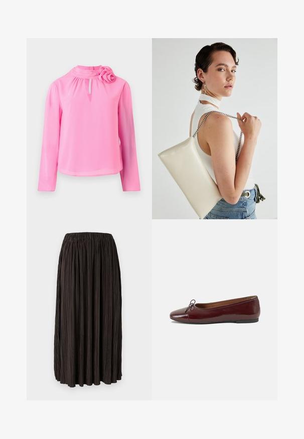 Rozā garām piedurknēm topiņš, izgatavots no viegla auduma, ar augstu apkakli, atslēgas caurumu detaļu un dekoratīvu rozes akcentu uz pleca.; Plisēta melna svārku ar elastīgu jostu, izgatavota no viegla auduma. Iekļauj vertikālus krokus visā virsmā, bez papildu akcentiem.; Burgundijas laku ādas baleta kurpes ar noapaļotu purngalu, nelielu loku akcentu priekšā un zemu melnu gumijas zoli. Gluda tekstūra.; Balts taisnstūra clutch soma, izgatavota no spīdīga materiāla, ar sudraba ķēdes siksnu. Modelis pozē, demonstrējot somu uz vienkārša fona.