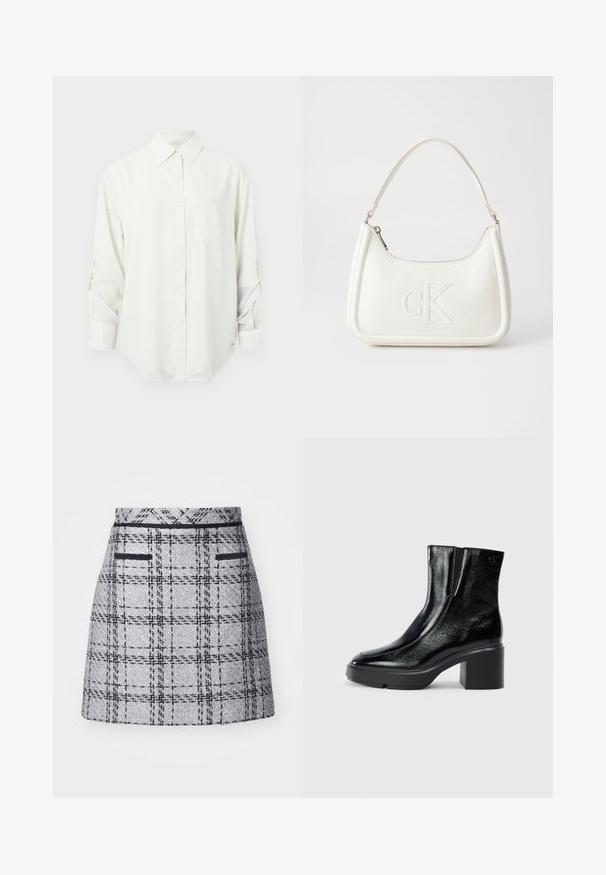 Biela košeľa s dlhým rukávom a gombíkmi, s golierom, jednou náprsníkou a vyhrnutými rukávmi. Mäkkučký, hladký materiál a voľný strih.; Sivá károvaná sukňa s textúrovanou tkaninou, úzkym strihom a čiernym lemovaním. Obsahuje dve predné vrecká s čiernym detailom.; Čierne lakované členkové topánky s zakrivenou špičkou, elastickými bočnými panelmi a masívnym blokovým opätkom. S embosovaným logom na zadnej strane.; Biela kožená kabelka s zakriveným tvarom, na prednej strane s embosovaným logom "CK" a jedným ramenným popruhom. Zipsové zapínanie navrchu.