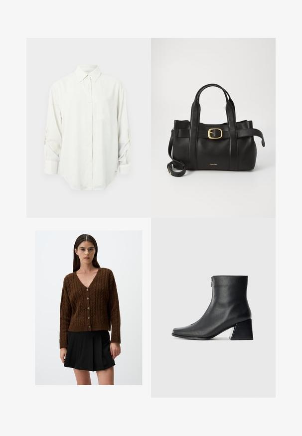 Biała koszula z długim rękawem, zapinana na guziki, z kołnierzykiem, pojedynczą kieszonką na piersi i podwiniętymi rękawami. Miękka, gładka tkanina i luźny krój.; Brązowy kardigan z dzianiny w splot warkoczowy z dekoltem w kształcie litery V i sześcioma guzikami z przodu; prążkowane mankiety i dół. Noszony na czarnej plisowanej spódnicy.; Czarne skórzane botki za kostkę z kwadratowym noskiem, bocznym zamkiem błyskawicznym i słupkowym obcasem na jasnym tle.; Czarna skórzana torebka o zorganizowanej konstrukcji, z podwójnymi uchwytami u góry, akcentem w postaci złotego zapięcia oraz wytłoczonym logo marki z przodu.