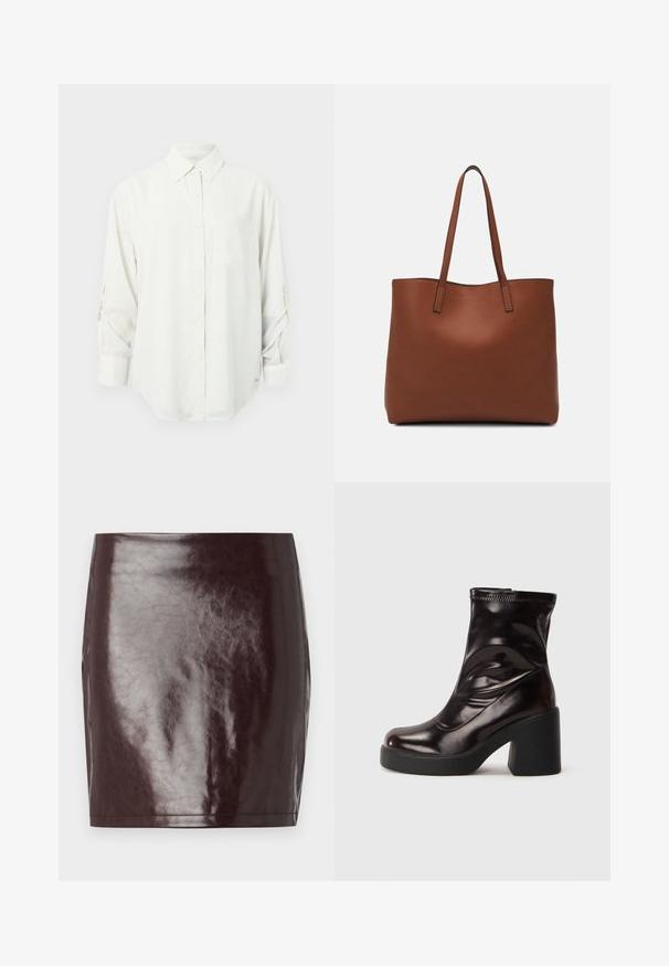 Hvit langermet skjorte med knappestolpe, krage, enkelt brystlomme og oppbrettede ermer. Myk, glatt stoff og avslappet passform.; Burgundyrød faux skinn mini skjørt med en glatt, blank tekstur og en tettsittende silhuett. Har rene linjer og en straight hem.; Blanke svarte ankelstøvler med kraftig blokkheel og rund tå, glatt læroverdel med subtile sømdetaljer.; Brun lær tote veske med en jevn tekstur, åpen toppdesign og to skulderstropper. Har minimal søm og ingen synlige spiker.