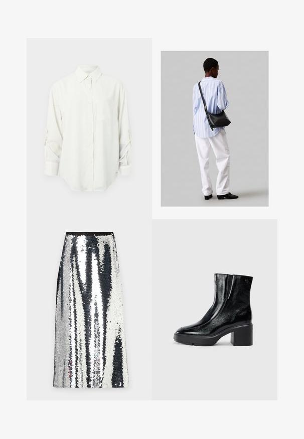 Hvit langermet skjorte med knappestolpe, krage, enkelt brystlomme og oppbrettede ermer. Myk, glatt stoff og avslappet passform.; Sølv paljett maxi skjørt med rett snitt, med en svart midjeelastikk og en alternerende vertikal stripe-mønster av glitrende paljetter.; Sorte lakkskinn ankelstøvler med buet tå, elastiske sidestykker og en chunky klossheel. Har preget logo på baksiden.; Svart lær skulderveske med en myk tekstur, trekantet form og justerbar stropp, kombinert med en lyseblå stripete skjorte og hvite bukser.