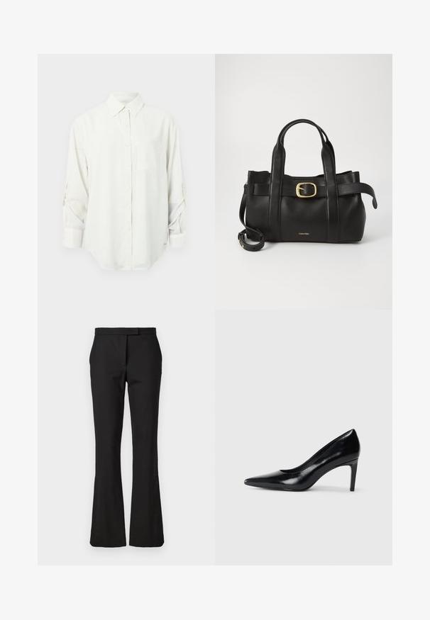 Biała koszula z długim rękawem, zapinana na guziki, z kołnierzykiem, pojedynczą kieszonką na piersi i podwiniętymi rękawami. Miękka, gładka tkanina i luźny krój.; Czarne spódnice dzwonowate wykonane z tkanej tkaniny. Posiadają płaski przód z paskiem w talii oraz gładką strukturę. Bez widocznych elementów metalowych ani wzorów.; Czarna skórzana szpilka z ostrym noskiem, gładką fakturą i zwężającym się obcasem. Minimalistyczny design, bez dodatkowych zdobień.; Czarna skórzana torebka o zorganizowanej konstrukcji, z podwójnymi uchwytami u góry, akcentem w postaci złotego zapięcia oraz wytłoczonym logo marki z przodu.