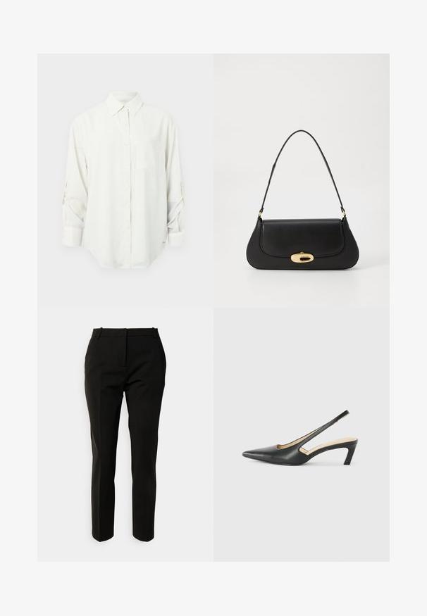 Vit långärmad skjorta med krage, en bröstficka och uppvikt ärmar. Mjuk, slät tyg och avslappnad passform.; Svarta skräddarsydda byxor med smal passform, rak ben, slät front, bältesöglor och inga synliga mönster eller dekorationer. Tillverkade av ett slätt tyg.; Svart spetsig slingback-sko med låg klack, som har ett slätt lädermaterial och utskärningsdesign på sidan för andningsförmåga.; Svart läderhandväska med en böjd design, hårdvara i guldton, och ett handtag ovanpå. Har en snygg stängning och en mjuk yta.