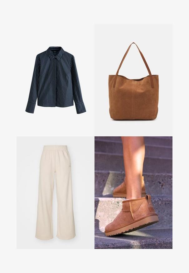 Tamsiai mėlyna ilgomis rankovėmis marškiniai su baltomis vertikaliomis juostelėmis, apykakle ir sagomis priekyje. Turi aptakų siluetą ir rankogalius.; Kremo spalvos plačios kojos kelnės, pagamintos iš minkštos medžiagos, su elastinga juosmena ir maža logotipo detale šone.; Samaniniai suknelės auliniai batai su minkšta tekstūra, siūlės detalėmis ir guminiu padu, su kilpiniu kulnu, kad būtų patogu užsivilkti.; Ruda zomšos pasukta rankinė su dviem ilgomis rankenomis, pasižyminti lygiu paviršiumi, paprastu dizainu ir be matomų detalių ar akcentų.