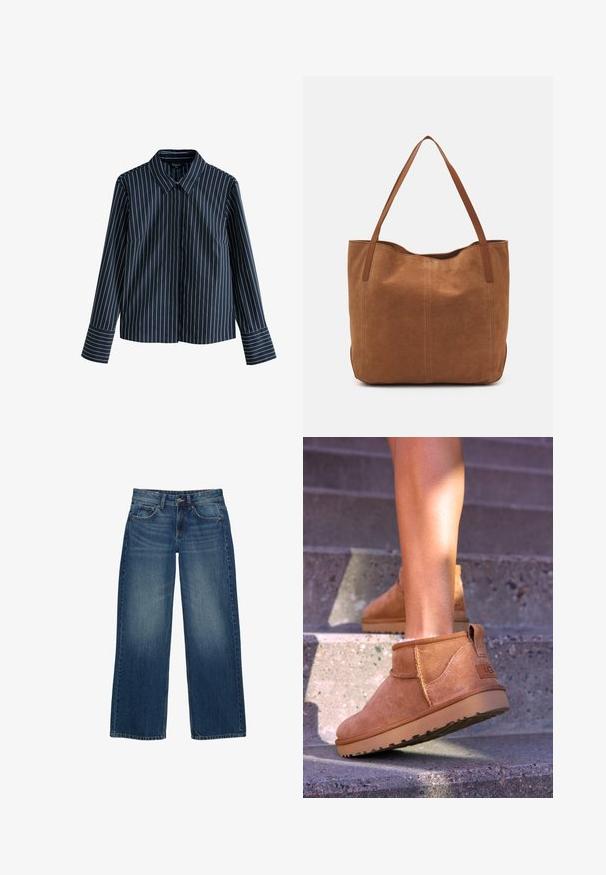Modra mornarska srajca z dolgimi rokavi, belimi navpičnimi črtami, ovratnikom in gumbi spredaj. Ponaša se z elegantno prilagojenim krojem in manšetami na rokavih.; Široke modre denim hlače z izblšanim videzom, petimi žepi in kontrastnim šivom. Zapirajo se z gumbom in zadrgo.; Svetlosive nobuck gležnjarji z mehko teksturo, všitimi detajli in gumijastim podplatom, z zanko na peti za enostavno obuvanje.; Rjava nubuk torba z dvema dolgima ročajema, ki ima gladko teksturo, preprost dizajn in brez vidnih kovinskih delov ali okrasov.