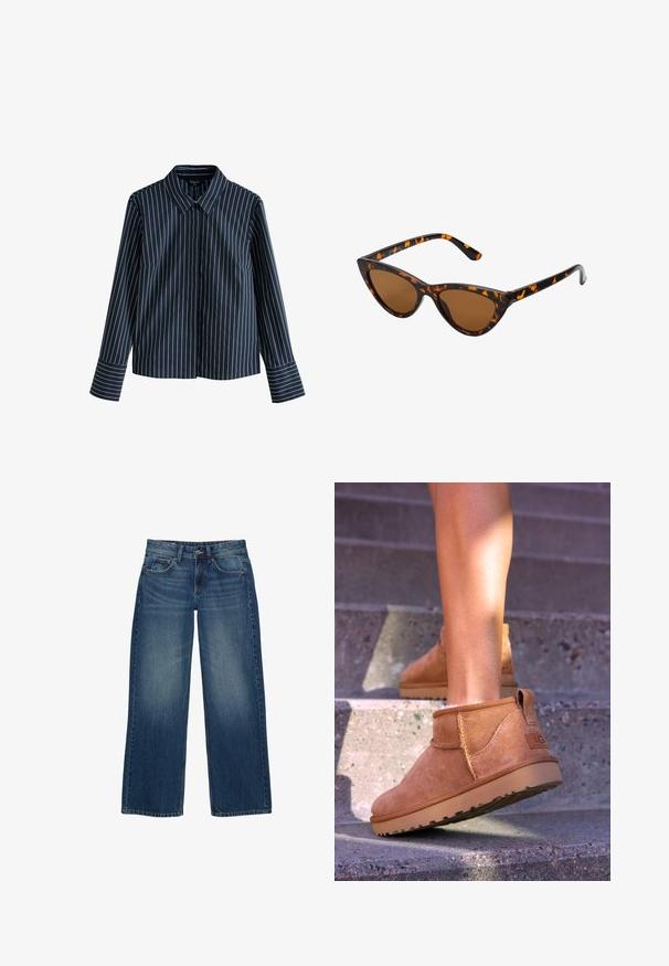 Cămașă cu mânecă lungă, albastru închis, cu dungi verticale albe, guler și nasturi pe partea din față. Prezintă o croială subțire și manșete la mâneci.; Jeans din denim albastru cu picioare largi, având un finisaj decolorat, design cu cinci buzunare și cusături contrastante. Se închid cu un nasture și fermoar.; Botine bej din suede cu o textură moale, detalii cusute și o talpă din cauciuc, având un călcâi cu buclă pentru o utilizare ușoară.; Ochelari de soare în stil cat-eye, cu o ramă din material cu tortoiseshell negru și portocalie, lentile maro și vârfuri elegante, ascuțite. Prezintă un logo minimal pe brățara ochelarilor.