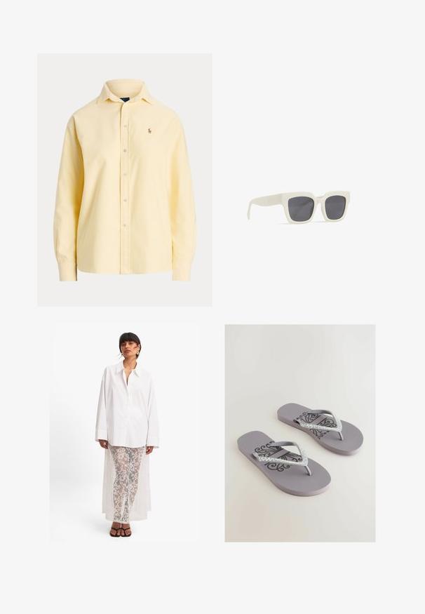 Geel katoenen overhemd met knopen en lange mouwen, klassieke kraag en geborduurd logo op de borst. Soepele textuur, getailleerde pasvorm.; Witte overhemd met lange mouwen, gecombineerd met doorschijnende witte kanten broeken met een bloemenpatroon en een lange achterkant. Zwarte sandalen.; Grijze flip-flops met een gestructureerde voetbed, voorzien van een decoratief zwart patroon en sprankelende ritsen met rhinestones in een V-vorm ontwerp.; Witte plastic zonnebril met grijze lenzen. Vierkante framevorm. Bevat subtiele branding op de arm. Hete soepele textuur met een matte afwerking.