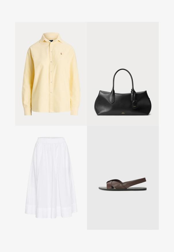 Camicetta in cotone gialla con bottoni, maniche lunghe, colletto classico e logo ricamato sul petto. Tessuto liscio, vestibilità sagomata.; Gonna bianca al ginocchio realizzata in tessuto leggero, con una vita elastica e un design fluido caratterizzato da una sottile texture.; Sandalo in pelle marrone con design a cinghia incrociata, suola nera piatta e cinturino posteriore regolabile. Texture liscia e dettagli hardware minimi.; Borsa in pelle nera con texture liscia, forma rotonda, due manici e un'etichetta piccola attaccata. Logo del marchio in oro sobrio sul fronte.
