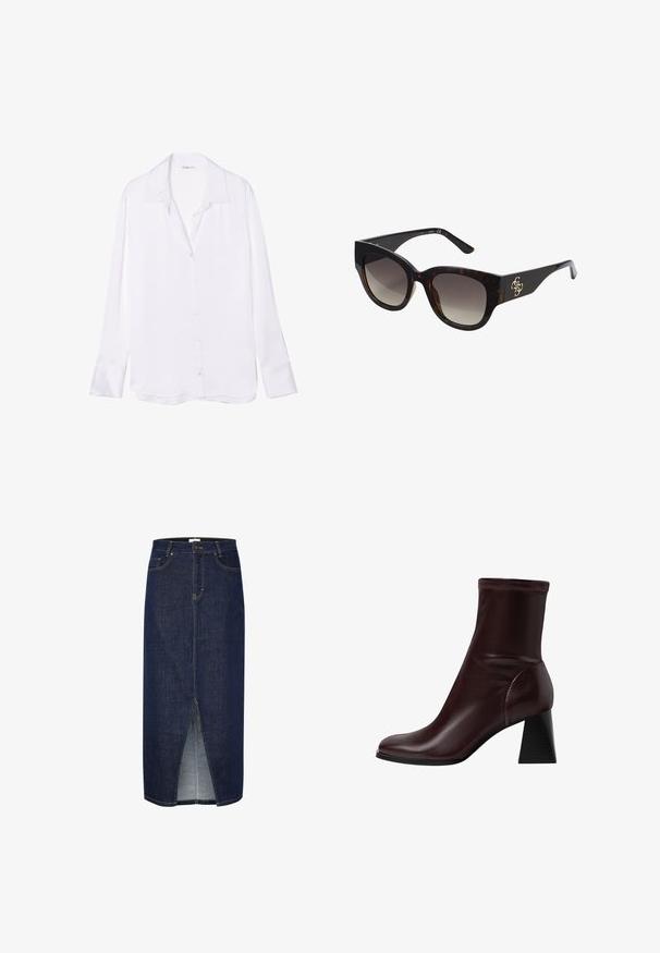 Biała, długa koszula z długim rękawem, zapinana na guziki, z kołnierzykiem w kształcie notch, gładką teksturą i widoczną listwą guzikową z przodu. Lekka tkanina miękko opada.; Dżinsowa spódnica ołówkowa w ciemnym niebieskim kolorze z rozcięciem z przodu, z żółtymi szwami i klasycznym pięciopakietowym wzorem. Zamek błyskawiczny z tyłu.; Stradivarius - Botki; Okulary przeciwsłoneczne w kolorze tortoise z dużymi prostokątnymi oprawkami, gradientowymi soczewkami i złotą dekoracją logo na ramieniu. Gładki materiał plastikowy.; Biała skórzana torebka z złotymi akcentami, z przednią klapą i czarnymi krawędziami, z łańcuszkowym paskiem noszona na krzyż na tle jasnoniebieskiej koszuli.