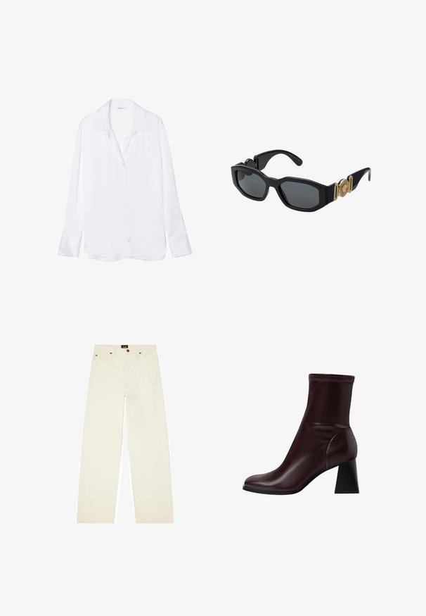 Chemise blanche à manches longues avec un col à rabat, texture lisse et patte de boutonnage visible sur le devant. Le tissu léger tombe doucement.; Pantalons en denim de couleur crème, à jambes larges, avec une fermeture à bouton, cinq poches et des détails de couture contrastants.; Stradivarius BLOCK - Bottines - dark red; Lunettes de soleil noires avec une monture géométrique épaisse, des verres sombres et des accents métalliques dorés sur les branches, comportant un détail d'emblème rond.; Sac en cuir blanc avec quincaillerie dorée, un rabat à l'avant et des bords noirs, doté d'une chaîne portée en bandoulière contre une chemise bleu clair.