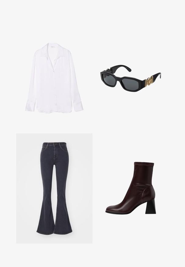 Vit långärmad skjorta med knäppning, notch-krage, slät textur och synlig knappslå fram. Lätt tyg hänger mjukt.; Lee BREESE - Flared jeans - washed black; Stradivarius BLOCK - Stövletter - dark red; Svarta solglasögon med en kraftig geometrisk ram, mörka linser och guldmetallaccenter på skalmarna som har en rund emblemdetalj.; Vit läderhandväska med guldfärgad hårdvara, en frontklaff och svarta kanter, med en kedjeslinga som bärs över kroppen mot en ljusblå skjorta.