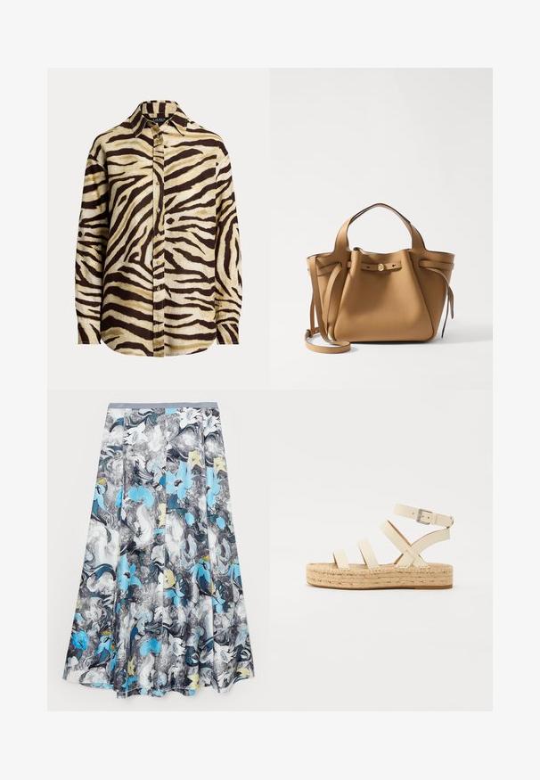 Napapaita napakaituskein kevyestä kankaasta, jossa on beige ja tummanruskea seeprokuvio, sekä terävä kaulus ja pitkät hihat.; Tory Burch TWILL SKIRT - Maksihame - blue abstract; Vaaleanbeige-nahkainen espadrillesandaali, jossa on neljä ristikkäistä hihnaa ja nilkkaremmikiinnitys. Sandaalissa on punottu juuttialustakorko ja litteä kumipohja.; Tory Burch ROMY PEBBLED SATCHEL - Käsilaukku - tiramisu