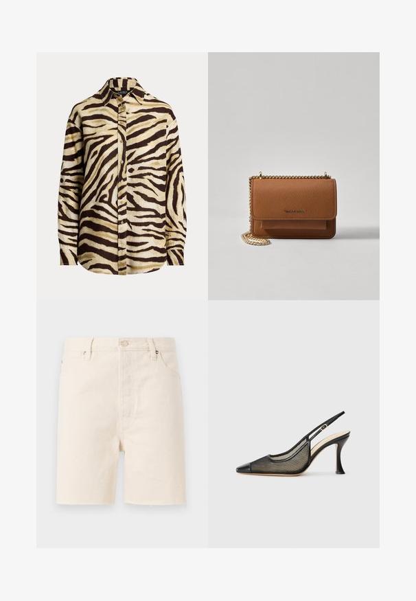 Cămașă cu butoane dintr-un material ușor, având un model în dungi de zebra bej și maro închis, cu guler ascuțit și mâneci lungi.; Șorturi din denim bej cu croială dreaptă, având închidere cu buton, bucle pentru curea și margine de obicei franjurată. Design cu cinci buzunare.; Pantofii cu toc înalt de culoare neagră, cu brant deschis la călcâi, prezentând un vârf ascuțit, detalii din plasă și un capac din piele netedă. Culorile includ negru și accente bej.; Geantă crossbody din piele texturată maro, cu curea din lanț aurit și închidere cu clapetă. Partea din față prezintă detalii cu logo și o buzunar sub clapetă.