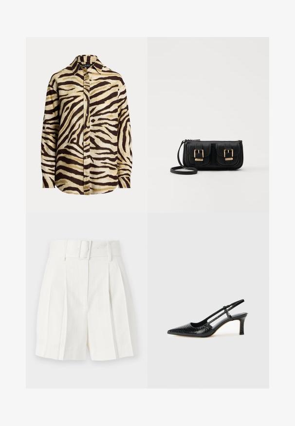 Camicia con bottoni in tessuto leggero, caratterizzata da un motivo a strisce zebra beige e marrone scuro, con colletto a punta e maniche lunghe.; sandro RECOUPE BRIDAL CAVERNI - Shorts - ecru; Slingback con tacco in vernice nera con punta affusolata, caratterizzato da una stampa a serpente testurizzata, cinturino regolabile e un tacco corto e testurizzato.; Borsa a tracolla nera in pelle con due tasche frontali, fibbie dorate, chiusura con zip e una tracolla sottile. Superficie texturizzata e forma rettangolare compatta.