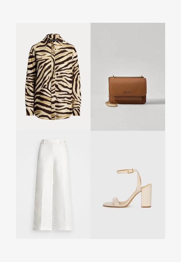 Knapplang skjorte i lett stoff med et kremfarget og mørkebrunt zebrastripes mønster, med spiss krage og lange ermer.; Lauren Ralph Lauren BASHRALLE CROPPED FLAT FRONT - Bukse - white; Beige høyhælte sandaler med firkantet tå, tynn ankelrem og blokk hæl. Glatt skinntekstur med gullspenne detaljer.; Brun teksturert lær crossover-veske med gullkjede-stropp og klaffelukking. Fronten har logo-detalj og en lomme under klaffen.