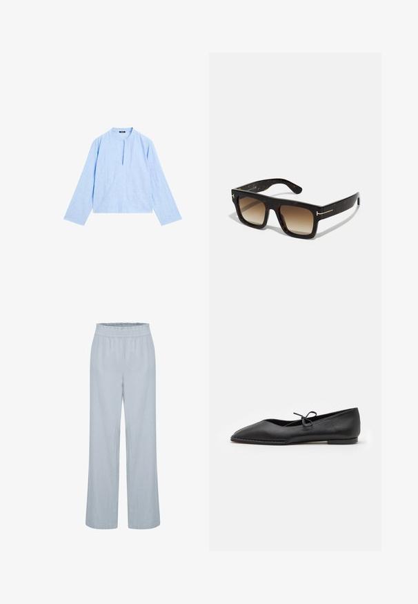 Lichtblauwe blouse met lange mouwen, ronde halslijn en een voorkeursplit. Gemaakt van textuurstof, met een losse, cropped pasvorm.; Lichtblauwe, wijde broek met een elastische tailleband, gemaakt van een zachte stof. Heeft een rechte snit, geen zakken en een eenvoudig ontwerp.; ALOHAS SWAY - Ballerina's - black; Schildpad zonnebril met een vierkant frame, een verloop van bruine lenzen en subtiele gouden hardwareaccenten op de slapen.