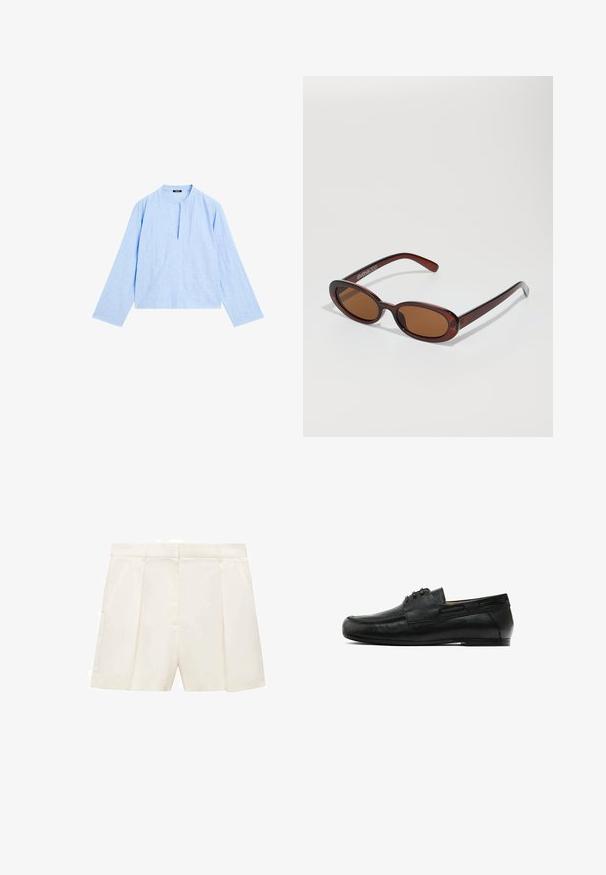 Blouse bleu clair à manches longues avec un col rond et une fente à l'avant. Fabriquée en tissu texturé, elle présente une coupe large et courte.; Shorts taillés de couleur crème avec plis, arborant une texture lisse et une taille structurée. Poches avant de chaque côté.; Mocassins en cuir noir avec un bout arrondi, une couture décorative à l'avant et deux accents latéraux. Texture lisse avec un petit talon robuste.; Lunettes de soleil rondes teinte brun avec une monture bordeaux brillante. Branches fines avec un détail de marque subtil. Design de verres plats.; Sac à main en cuir tissé marron avec une forme triangulaire et souple. Il possède une poignée tressée et une fermeture éclair sur le dessus.