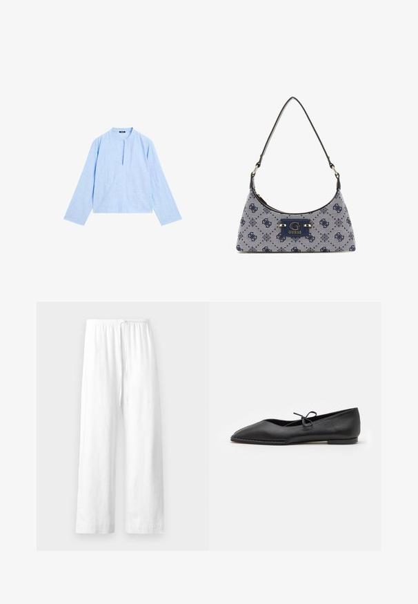 Světle modrá blůza s dlouhým rukávem, kulatým výstřihem a předním rozparkem. Vyrobena z texturované látky, má volný, zkrácený střih.; Bílé lněné kalhoty se volným střihem, s elastickým pasem a šňůrkou a rovnými nohavicemi se čistým lemem.; ALOHAS SWAY - Klasické baleríny - black; Kabelka ve stylu hobo z tmavě modré tkaniny s diamantovým vzorem, s logem a hladkým ramenním popruhem. Texturovaný povrch.