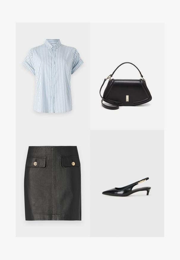 Svetlo modra majica s kratkimi rokavi z navpičnimi črtami, s sprednjim gumbi in klasičnim ovratnikom, narejena iz gladkega blaga.; Črna usnjena mini krila z dvema sprednjima žepoma z zlatimi gumbi, gladka tekstura in ravna krojna zasnova.; Črne usnjene sandale na peto z ostro konico, ki imajo tanko peto in zlat ton na nastavljivem traku. Gladka tekstura.; Črna usnjena torbica s strukturnim dizajnom, ki ima skrajšano obliko, zgornji ročaj in zlate dodatke. Vključena je nastavljiva ramenska naramnica.
