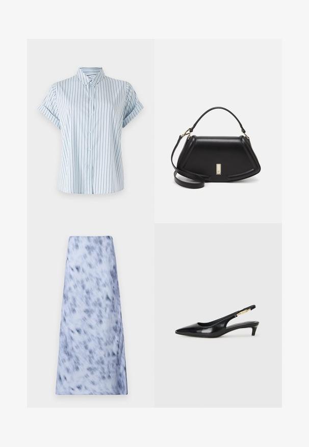 Chemise à manches courtes bleu clair avec des rayures verticales, dotée d'un devant boutonné et d'un col classique, fabriquée en tissu lisse.; Une longue jupe bleu clair avec un motif flou bleu foncé. Le tissu semble doux avec une texture lisse et un design simple.; Talons hauts en cuir noir avec un bout pointu, dotés d'un talon fin et d'un accent en ton or sur la lanière réglable. Texture lisse.; Sac à main en cuir noir avec un design structuré, featuring une forme cropped, une poignée supérieure et des accents en matériel doré. Bandoulière réglable incluse.