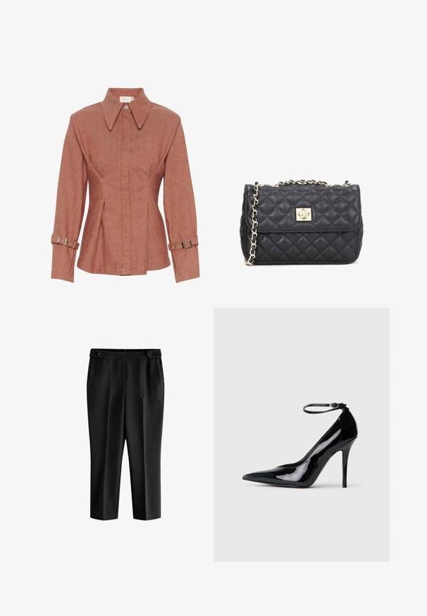 Chaqueta de color óxido hecha de un tejido texturizado, con un cuello, botones frontales y tirantes ajustables en las mangas. Diseño ajustado con costuras.; Pantalones cortos negros de corte recto con un ajuste relajado, cintura elástica y dos bolsillos frontales. La tela tiene una textura suave con un acabado ligeramente brillante.; Zapato de tacón alto de charol negro con punta afilada, correa en el tobillo y un acabado brillante y elegante. El tacón de aguja completa el diseño sofisticado.; Bolso de mano de piel sintética negra con acolchado, cierre y cadena en tono dorado, con forma rectangular y superficie texturizada.