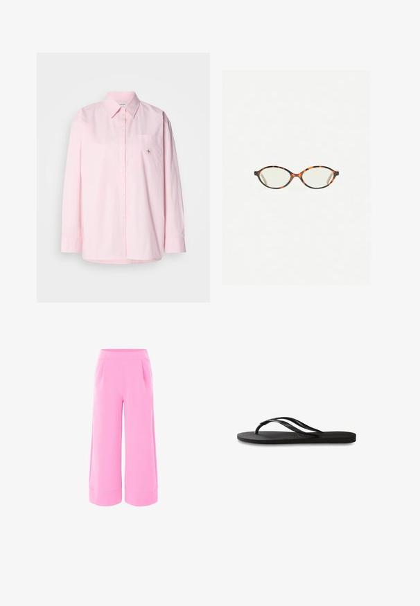 Camicia in cotone rosa chiaro a maniche lunghe con bottoni. Presenta un colletto, una tasca anteriore e un piccolo logo sul petto.; Pantaloni larghi rosa con una texture liscia, caratterizzati da una vita alta e due pieghe frontali. L'orlo è rifinito con un ampio risvolto.; Infradito neri con suola in gomma testurizzata, due cinghie sottili e un sottile dettaglio del logo impresso sulla cinghia.; Occhiali in tartaruga con lenti ovali e una finitura liscia e elegante. Presentano aste sottili con una leggera curva alle tempie. Lenti trasparenti.