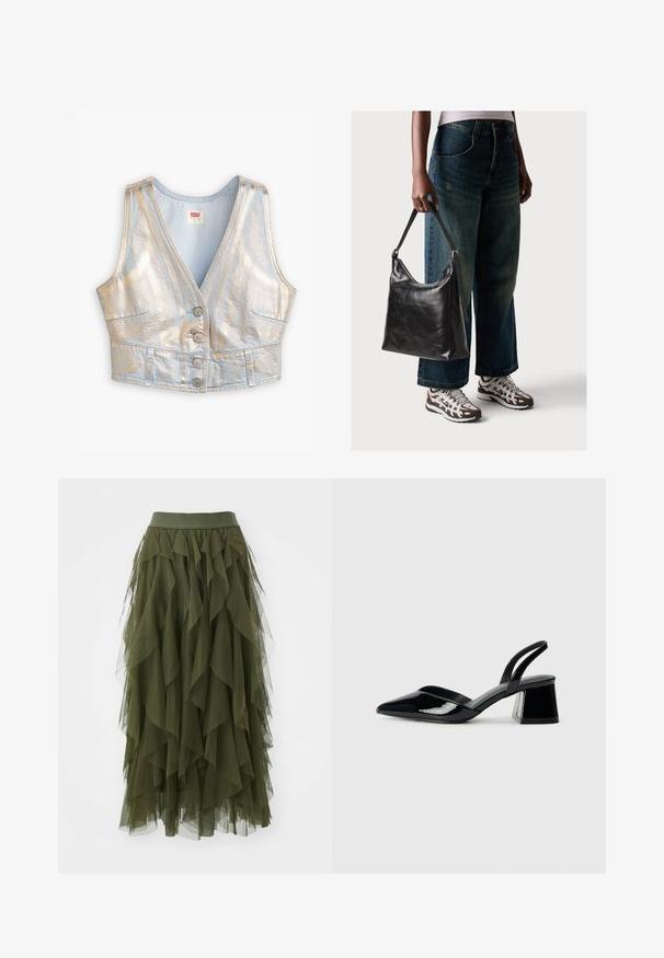 Vesta scurtă din denim de culoare albastru deschis, cu decolteu în V, luciu metalic, închidere cu cinci butoane și două buzunare frontale; textură uniformă.; ONLY ONLSKY SKIRT - Fustă în formă de A - winter moss; Pantofi cu toc slingback din piele lacuită neagră, cu vârf ascuțit și toc geometric. Prezintă un design elegant, minimalist și o textură netedă.; Geantă de umăr din piele neagră, cu o textură netedă și curea ajustabilă, asortată cu blugi evazați și adidași.