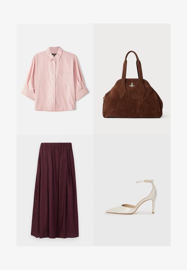 Rövid ujjas gombos ing világos rózsaszínben, keskeny fehér és piros csíkokkal, bal oldalon mellzsebbel és széles gallérral.; Burgundi színű midi szoknya rugalmas derékkal, redőkkel a térfogatért és sima, matt textúrával. Zsebek és egyéb díszítések nélkül.; Fehér bőr, magassarkú cipő hegyes orral, bokapánttal és vékony tűs sarkal. Simaszövet, finom fényes felülettel.; Barna velúr kézi táska, strukturált formával, kerek testtel és megnyújtott gyémánt alakú fogantyúkkal. Ezüst színű záródással rendelkezik.