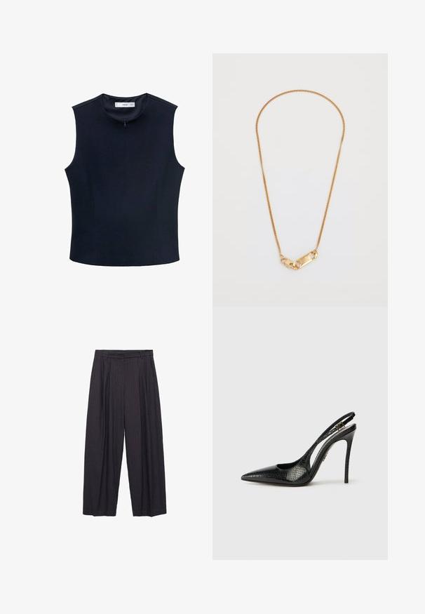 Top fără mâneci de culoare bleumarin, cu guler înalt, realizat dintr-un material neted. Previne un fermoar ascuns și cusături verticale pentru un fit ajustat.; Pantaloni largi dintr-un material de culoare albastru închis, cu dungi verticale subtile, având închidere cu nasture și un talie bine definită.; Pantof de damă negru cu toc slingback, cu vârf ascuțit, model texturat de șarpe, toc stiletto și o cataramă decorativă pe bretele.; Colier din aur cu un design răsucit și un clip dreptunghiular cu detalii gravate. Textură netedă, stil minimalist.