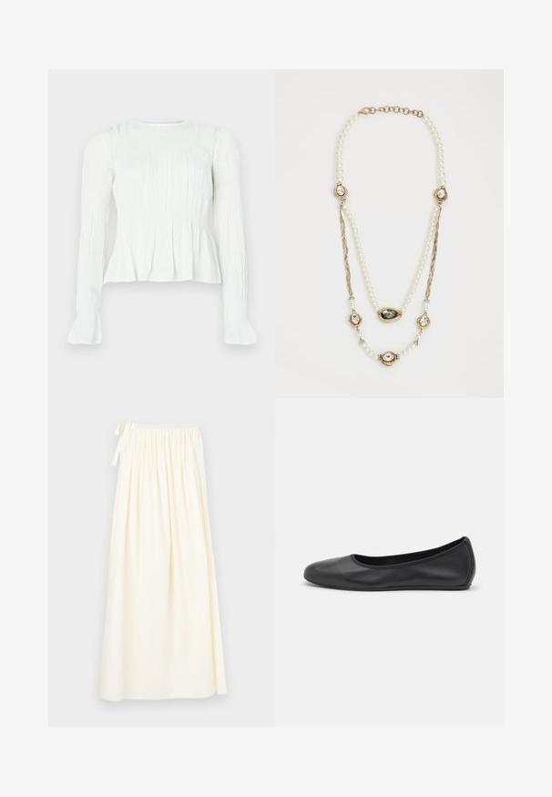 White long-sleeve blouse with gathered fabric details, smocked bodice, and flared cuffs on a plain background.; Long, cream-colored skirt made of lightweight fabric; features an elastic waistband with a tie and a flowing design with minimal texture.; Black leather ballet flat with a rounded toe, smooth texture, minimal stitching detail, and a flexible sole design.; Pearl necklace featuring gold accents with three gem-encrusted settings and a braided chain section. Color palette includes white and gold.