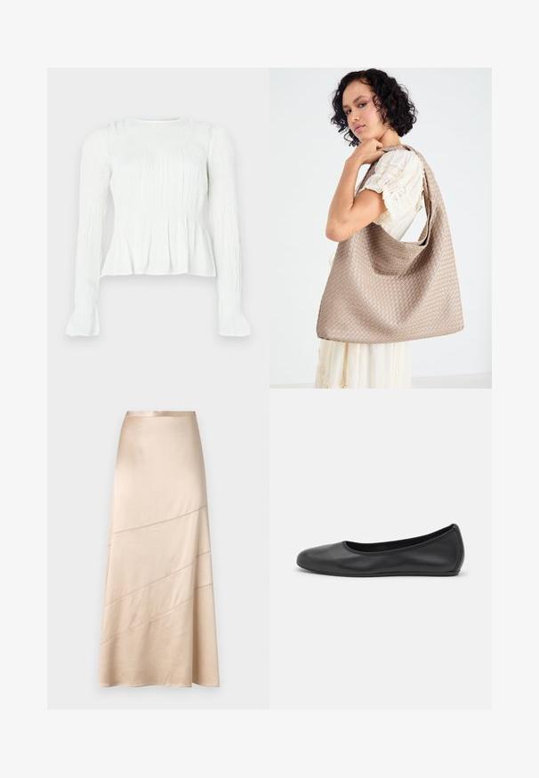 Blusa bianca a maniche lunghe con dettagli in tessuto raccolto, corpino arricciato e polsini svasati su uno sfondo neutro.; Gonna midi in raso beige chiaro con silhouette fluida, dettagli di cuciture diagonali e una texture liscia con una leggera lucentezza.; Pantofole da balletto nere in pelle con punta arrotondata, texture liscia, dettagli di cucitura minimi e design con suola flessibile.; Borsa tote beige intrecciata con un design morbido e una sola tracolla. Presenta un motivo Texturizzato su tutta la superficie.