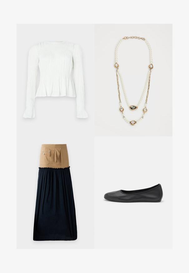 Hvit bluse med lange ermer, detaljert med rynket stoff, smocket liv og utsvingte mansjetter på ensfarget bakgrunn.; Denimskjørt i tan med rynkedetaljer i marineblå krepp; har lommer og sølvdetaljer; kombinerer en strukturert topp med en flytende bunnseksjon.; Svart skinnballettflatt med rund tå, glatt tekstur, minimal sømdetalj, og et fleksibelt såledesign.; Perle halskjede med gullakenter, tre gem-stenbesatte innsatser og en fléttet kjede-del. Fargepaletten inkluderer hvit og gull.