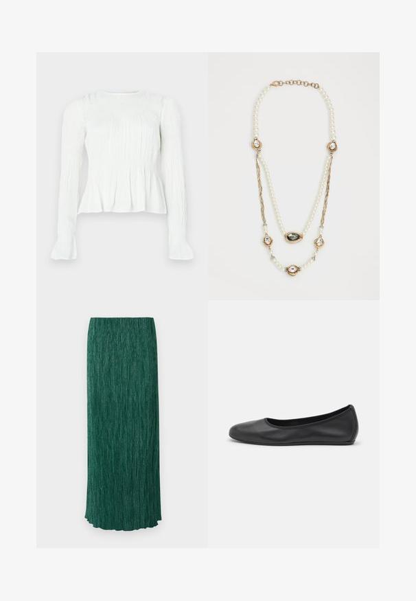 Weiße Bluse mit langen Ärmeln, Falten im Stoff, gerafftem Oberteil und ausgestellten Manschetten vor einfarbigem Hintergrund.; Langer grüner Rock mit strukturierter Oberfläche, vertikalen Falten und einem dezenten Glanz. Er hat eine gerade Silhouette und einen gewellten Saum.; Schwarze Leder-Ballettschuhe mit abgerundeter Spitze, glatter Textur, minimalen Nähdetails und einem flexiblen Sohlen-Design.; Perlenkette mit goldenen Akzenten, drei mit Edelsteinen besetzten Elementen und einem geflochtenen Kettenabschnitt. Farbpalette umfasst Weiß und Gold.