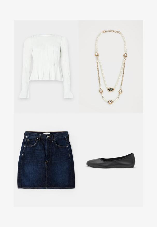 Biała bluzka z długim rękawem z marszczonymi detalami, karczkiem z marszczenia i rozkloszowanymi mankietami na jednolitym tle.; Granatowa spódnica dżinsowa z pięcioma kieszeniami, złotymi przeszyciami i klasycznym krojem. Posiada zapięcie na guzik oraz szlufki na pasek.; Czarne skórzane baletki z zaokrąglonym noskiem, gładką fakturą, minimalnymi przeszyciami i elastycznym designem podeszwy.; Naszyjnik z pereł z złotymi akcentami, zawierający trzy osadzone w kamieniach elementy oraz plecioną sekcję łańcucha. Paleta kolorów obejmuje biel i złoto.