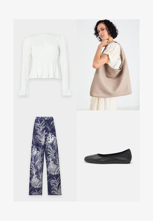 Witte blouse met lange mouwen, gedetailleerd met geplooide stof, een gerimpeld lijfje en uitlopende manchetten op een effen achtergrond.; Navy wijde pijpen broek met een witte palmbladerenprint, gestructureerde tailleband en zachte textuur. Verfraaid met gestructureerde accenten overal.; Zwarte leren ballerina met een ronde neus, gladde textuur, minimale stikdetails en een flexibele zoolontwerp.; Geweven beige draagtas met een slungelige vorm en een enkele schouderband. Kenmerkt zich door een textuurpatroon over het hele oppervlak.