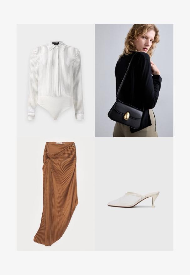 White long-sleeve bodysuit with thin black vertical stripes, pointed collar, buttoned cuffs, and snap closure at the bottom.; Brown pleated skirt with a twist design at the waist, featuring a smooth texture and a side zipper closure.; White mesh pointed-toe mule with a slim mid-height heel and slip-on design against a plain background.; Black leather handbag with a curved shape, featuring a prominent gold oval clasp, adjustable strap, and minimalistic design.