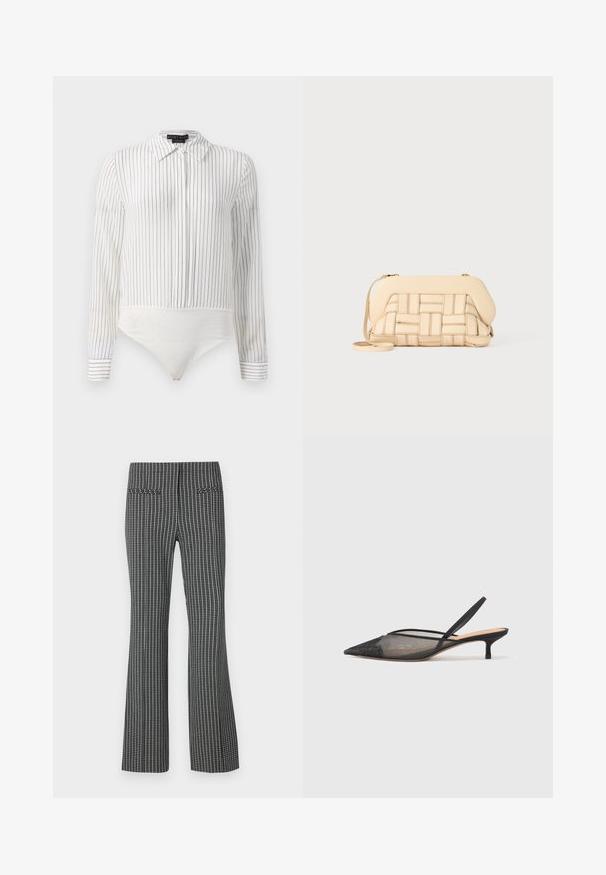 Balts garām piedurknēm bodijs ar plānām melnām vertikālām svītrām, norādītu apkakli, pogājamiem manžetēm un spiedpogu aizdari apakšā.; Melnbalti rūpju bikses ar paplašinātu kāju dizainu, kurām ir divi aizmugurējie kabatas un teksturēts audums ar redzamu režģa rakstu.; NEOUS IRENA - Klasiski papēži - black; Austākts bežs rokassoma ar strukturētu dizainu, kurai ir gluda virsma un garš siksna. Tekstūras detalizācija uzlabo kopējo izskatu.