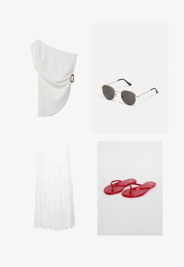 Biela blúzka s odpratovými ramenami vyrobená z hladkej tkaniny, s nariasením a kovovým krúžkovým detailom na jednej strane.; Biela vrstvená sukňa vyrobená z ľahkej tkaniny, s elastickým pásom, volánovými vrstvami a splývavým dizajnom, ktorý siaha do polovice lýtok.; Červené žabky s hladkým, lesklým povrchom, tenkými popruhmi a plochou podrážkou. Názov značky je zlatým písmom vytlačený na vnútornej strane.; Okuliare so zaoblenými sklíčkami s tmavými šošovkami, tenkým zlatým kovovým rámom, plastovými koncami straníc a nastaviteľnými nosnými podložkami. Minimalistický dizajn s klasickým vzhľadom.