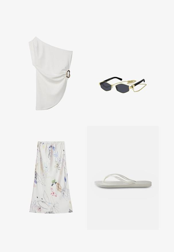 Off-shoulder hvid bluse lavet af glat stof, med en samlet detalje med en metalring som accent på den ene side.; Desigual WITH STROKES - Maxinederdele - beige; Hvide flip-flops med en tekstureret sål, der har tynde stropper og et fladt design. Lavet af gummi med et subtilt logo på indersiden.; Oktagonale solbriller med mørke linser, guld metal accenter og sorte plastarme; inkluderer en aftagelig guld kæde.; Hvid håndtaske med teksturerede, skællede udsmykninger. Har et vævet håndtag og en sølv kædedyse for alsidighed.