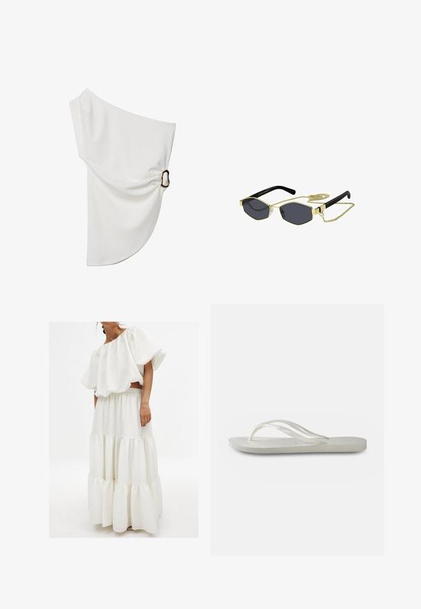 Bela bluzica brez naramnic, izdelana iz gladkega materiala, s pošito podrobnostjo in kovinskim obročkom na eni strani.; Bela dvodelna obleka, ki vsebuje teksturiran top brez naramnic z velikimi rokavi in večplastno krilo z elastiko v pasu.; Bela natikača s teksturirano podplatom, koja ima tanke trakice i ravni dizajn. Napravljena od gume s suptilnim logotipom na ulošku.; Oktagonalne sončne naočale s temnimi lečami, zlatimi kovinskimi detajli in črnimi plastičnimi ročaji; vključujejo odstranljivo zlato verigo.; Bela torbica z teksturiranimi, valovitimi okrasnimi elementi, ki spominjajo na školjke. Ima pleteno ročaj in srebrno verižico za prilagodljivost.