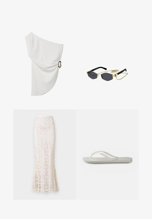 Bílá blůza s odhalenými rameny vyrobená z hladkého materiálu, s nařaseným detailem a kovovým kroužkem na jedné straně.; Norma Kamali OBIE LONG SKIRT - Maxi sukně - cream; Bílé žabky s texturovanou podešví, s tenkými pásky a plochým designem. Vyrobené z gumy s jemným logem na stélce.; Osmiboké sluneční brýle s tmavými čočkami, zlatými kovovými detaily a černými plastovými stranami; obsahují odnímatelný zlatý řetízek.; Bílá kabelka s texturovanými ozdobami ve tvaru zvlněné mušle. Obsahuje pletenou rukojeť a stříbrný řetízek pro variabilitu.