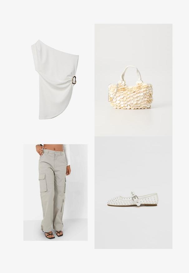 Off-shoulder hvid bluse lavet af glat stof, med en samlet detalje med en metalring som accent på den ene side.; Bukser i let beige farve, lavet af et slidstærkt materiale. Har brede ben, flere sidelommer og en afslappet pasform med hardware detaljer.; Hvide flade sko med spidse tæer, prydet med sølvnitter, har en spænde rem over vristen og en lys brun sål.; Hvid håndtaske med teksturerede, skællede udsmykninger. Har et vævet håndtag og en sølv kædedyse for alsidighed.