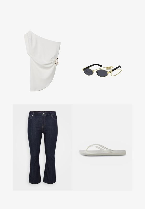 Off-Shoulder weiße Bluse aus glattem Stoff, mit einer gerafften Details und einem Metallring-Akzent auf einer Seite.; Dunkelblaue Jeans im Schlagstil mit einem klassischen Fünf-Taschen-Design, Metallknopfverschluss und Kontrastnähten entlang der Nähte.; Weiße Flip-Flops mit einer strukturierten Sohle, dünnen Riemen und einem flachen Design. Hergestellt aus Gummi mit einem dezenten Logo auf der Fußsohle.; Achtkantige Sonnenbrille mit dunklen Gläsern, goldenen Metallakzenten und schwarzen Kunststoffbügeln; inklusive einer abnehmbaren goldenen Kette.; Weißes Handtasche mit strukturierten, gezackten Muschel-artigen Verzierungen. Verfügt über einen geflochtenen Griff und einen silbernen Kettenriemen für Vielseitigkeit.