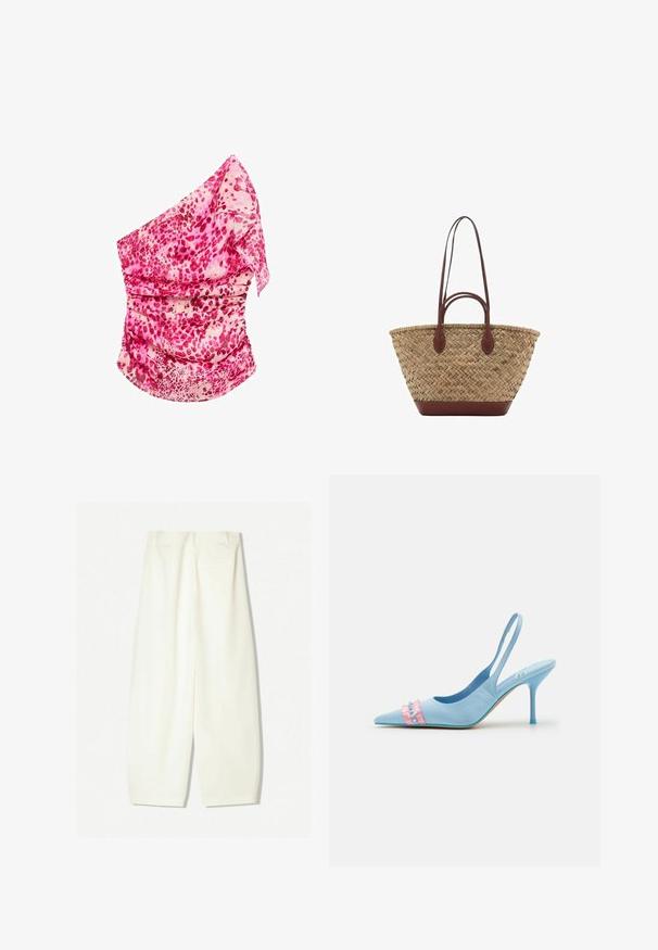Růžový, vzorovaný top na jedno rameno s nařasením. Vyznačuje se odstíny růžové a krémové, lehkým materiálem a splývavým designem.; Kalhoty s širokými nohavicemi v jemné krémové tkanině, s hladkou texturou, předními kapsami a uvolněným střihem s mírně zvýšeným pasem.; Světle modré lodičky na tenkém podpatku s špičatou špičkou, které mají růžový volán a světle modré akcenty.; Tkaná slaměná taška s pletenou texturou, tmavě hnědé kožené uchy a dnem, široký kulatý tvar a otevřený vrchní design.