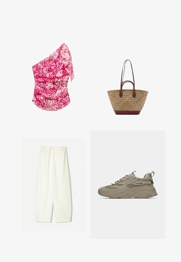 Lyserød, mønstrede top med én skulder og rynk. Har nuancer af lyserød og creme, letvægtsstof og et svævende design.; Bredde bukser i et blødt cremfabric, med en glat tekstur, forreste lommer og en afslappet pasform med en mid-rise talje.; Beige chunky sneakers med mesh-detaljer, tyk sål, snørebånd, strop på hælen og "STEVE MADDEN" logo på sidepanelet.; Vævet strå tote taske med flettet tekstur, mørkebrune læderhåndtag og bund, bred cirkulær form og åben topdesign.