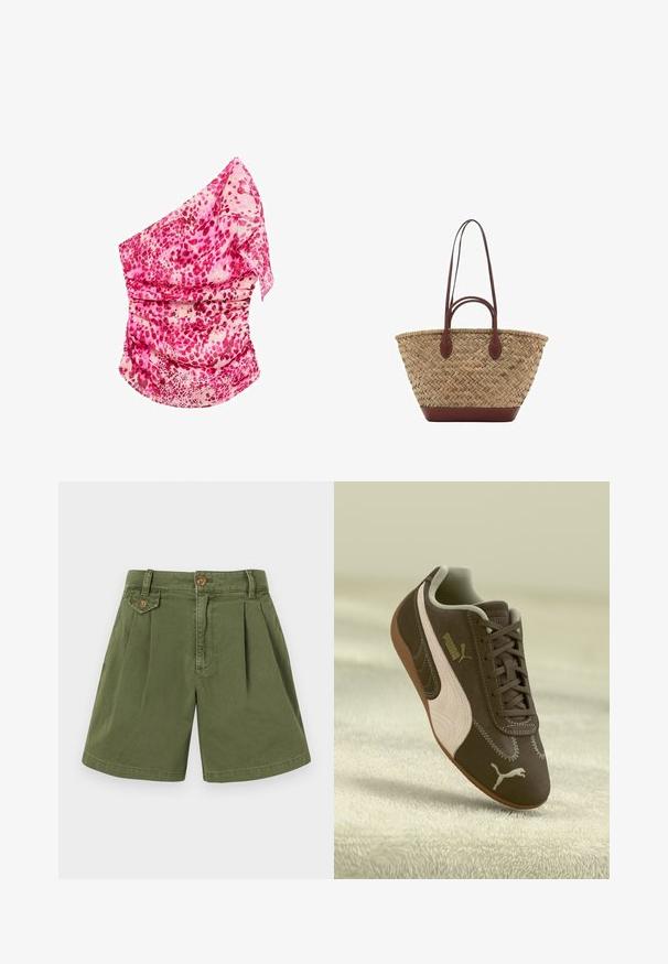 Top cu un singur umăr, roz și cu imprimeu, cu ruchete. Prezintă nuanțe de roz și crem, material ușor și un design fluid.; Shorts kaki din bumbac, cu un design plisat, un buton la talie și buzunare laterale. Textură netedă și croială dreaptă.; Adidași maro Puma cu o dunga bej și logo, cu sireturi, așezați pe o suprafață texturată de culoare bej.; Geantă din iarbă împletită, cu textură împletită, mânere și bază din piele maro închis, formă circulară largă și design cu vârf deschis.