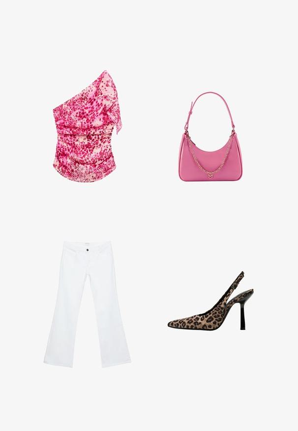 Rosa, mönstrad top med en axel och volanger. Har nyanser av rosa och beige, lättviktsmaterial och en flödande design.; Vita, utsvängda jeans i denim, med en slät framsida och tydlig sömnad, två framfickor och en ensam svart knapp i midjan.; Leopardmönstrade slingbackklackar med spetsig tå, svarta lackdetaljer, smal hög klack och justerbar spänne. Syntetmaterial.; Rosa syntetisk axelväska med en böjd form, slät yta, avtagbar kedjesnodd och en cirkulär logotypdetalj på framsidan.