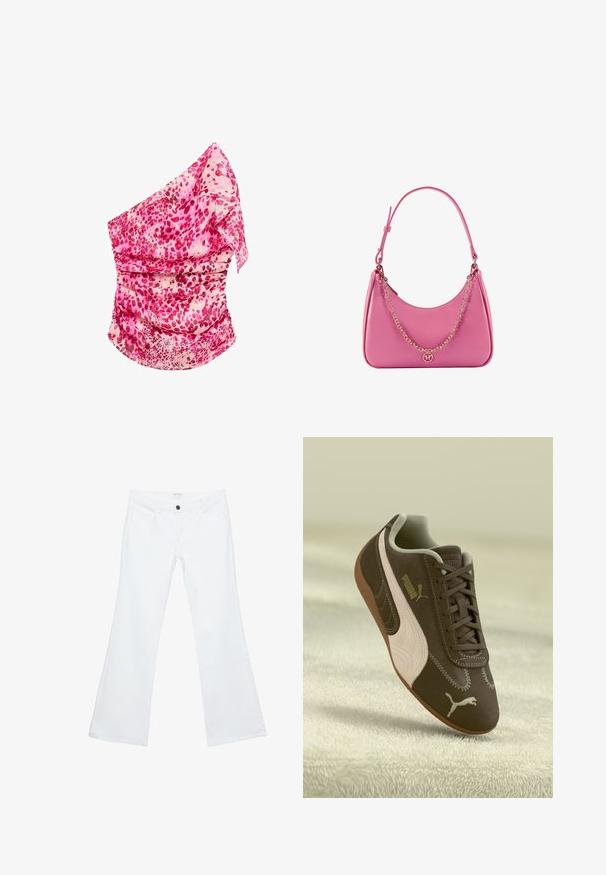 Haut asymétrique rose à motifs avec fronces. Comprend des nuances de rose et de crème, un tissu léger et un design fluide.; Jean blanc évasé en denim, avec un devant plat et des coutures distinctes, deux poches avant et un bouton noir unique à la taille.; Sneaker Puma marron avec une rayure et un logo beige, lacé, reposant sur une surface beige texturée.; Sac à épaule synthétique rose avec une forme courbée, texture lisse, bandoulière en chaîne amovible et un détail de logo circulaire sur le devant.
